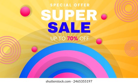 Diseño de fondo de descuento de gran venta de Ilustración vectorial rosa azul y amarillo. Vector super venta diseño de Plantilla. Gran oferta especial de ventas. Fondo de fiesta de fin de temporada