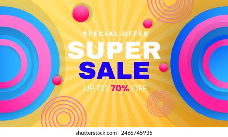 Pink blue and yellow vector mega sales background with abstract shapes. Vector super sale template design. Big sales special offer. End of season party background