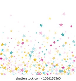 Pink blue yellow vector star background sparkle pattern. Colorful confetti of flying stars, magic geometric sparkles on white. Party design template.