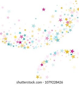 Pink blue yellow vector star background sparkle pattern. Colorful confetti of flying stars, magic geometric sparkles on white. New Year party design.