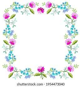 Pink  сhrysanthemums,blue and bluish forget-me-nots,white lilies of the valley,floral ornament square frame,continuous border of stylized,hand drawn,for embroidery pillow,for photo,for diary,for album