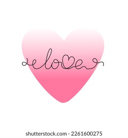 Pink blurred heart and love word single line y2k aura gradient minimalist vector illustration, symbol of love, St Valentine's holiday for greeting card, social media, poster, banner, wedding concept