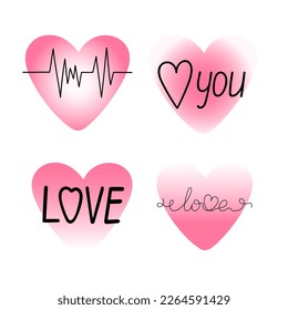 Pink blurred hearts set with lettering y2k aura gradient minimalist vector illustration, symbol of love, St Valentine's holiday for greeting card, social media, poster, banner, wedding concept