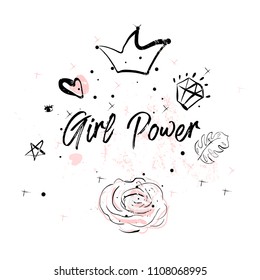Pink blush Girl Power abstract brush paint print with decoration doodle elements. For apparel design, greeting cards, invitations, wedding, wallpaper, textile, posters, banners, party, birthday