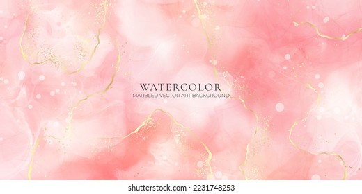 Pink blush liquid watercolor background with golden lines, dots and stains. Pastel marble alcohol ink drawing effect. Vector illustration design template for wedding invitation