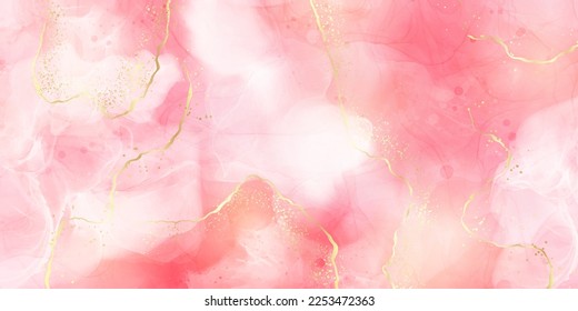 Pink blush liquid watercolor background with golden lines, dots and stains. Pastel marble alcohol ink drawing effect. Vector illustration design template for wedding invitation