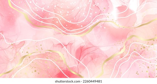 Pink blush liquid watercolor background with golden lines, dots and stains. Pastel marble alcohol ink drawing effect. Vector illustration design template for wedding invitation