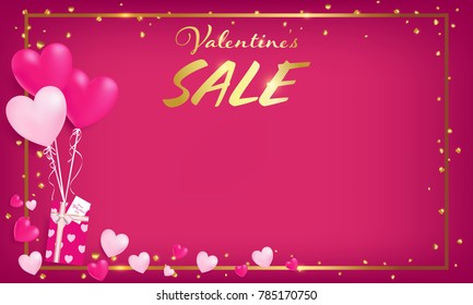 pink board with gold border and valentine's day sale text ,golden heart glitter drop beside border ,balloons tie to gift box,  artwork usage in advertising decorative or cerebrate invitation.