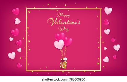 pink board with gold border and valentine's day sale text ,golden heart glitter drop beside border ,balloons tie to gift box,  artwork usage in advertising decorative or cerebrate invitation.
