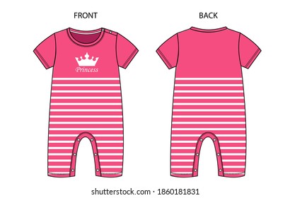 pink Bodysuit for Baby with stripe patten. Baby Bodysuit front and back view.