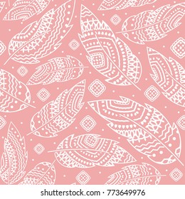 Pink boho background with white feather, seamless pattern, ethnic tribal ornament, detailed illustration, hand drawn, great for fabric and textile,wallpaper, packaging, or any desired idea.