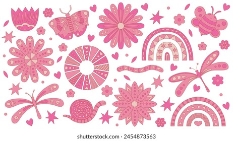 Clipart boho rosa con flores, mariposas y arcoíris. Elementos hippies de los 70. Paquete de ilustraciones para vivero. Vector aislado. Elementos de Vector lineales dibujados a mano para envolver papel y tela.