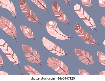 Pink boho feathers on blue background. Seamless pattern