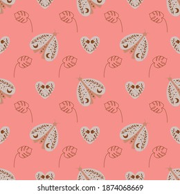 Pink boho love pattern. Butterfly, folk ornate, heart shape. Romantic tribal background. Valentines day banner.