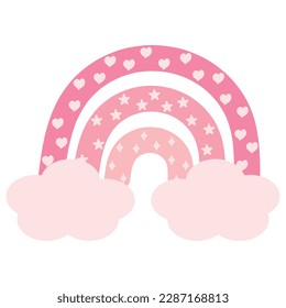 Pink boho rainbow with clouds, stars, hearts and rhombuses. Vector illustration