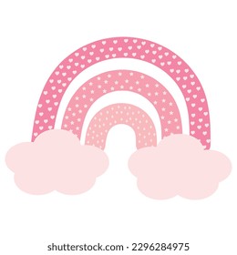Pink boho rainbow with clouds, stars, hearts and rhombuses. Vector illustration