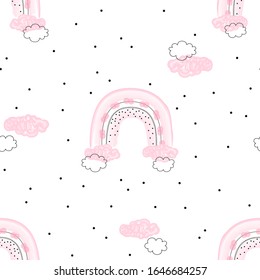 Pink boho rainbow with clouds vector seamless pattern. Pastel digital watercolor bow decorative doodle polka dots background. Cute festal happy baby girl nursery backdrop.