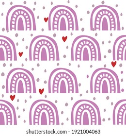 Pink boho rainbow with hearts vector seamless pattern for baby textile, fabric, wallpaper, wrapping paper. 