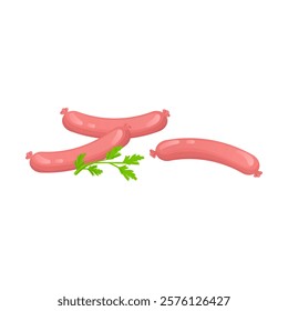 Pink boiled sausages in flat design. Tasty meat frankfurters for picnic. Vector illustration isolated.