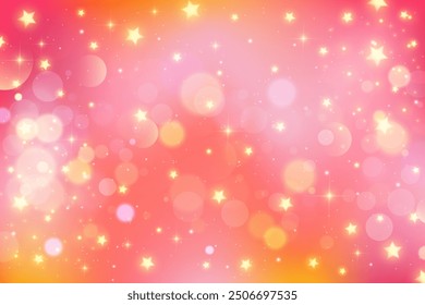 Fondo bokeh rosa con brillo y lindas estrellas. Cielo dorado de ensueño con luz pastel y destellos. Vector de fantasía abstracta magia brillante gradiente bg. Fondo brillante marfil para invitación y cartel