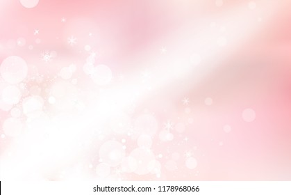 Pink Bokeh, light beam in winter celebration, snowflakes confetti falling, glowing blur sparkle holiday season abstract background vector illustration