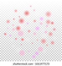 Pink bokeh lights background. Blur glitter texture. Sparkle overlay effect. Defocused effect. Illuminated abstract print. Soft. Tender. Love, Sweet moment. Girly, Childish, Baby Backdrop. Vector.