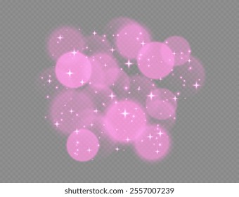 Pink bokeh with stars and sparkles, shiny overlay decoration isolated on grey background.