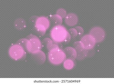 Pink bokeh with stars and sparkles, shiny overlay decoration isolated on grey background.