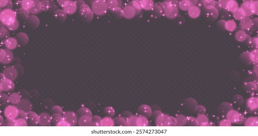 Pink bokeh with stars and sparkles, shiny overlay decoration isolated on grey background.