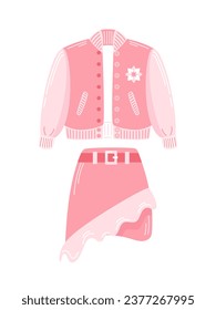 Pink bomber jacket for a doll. Asymmetrical skirt with frill. Floral print. Vector illustration in flat style. y2k fashion. For stickers, posters, postcards, design elements