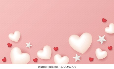 rosafarbenes Bondpapier raue Textur Hintergrund mit vielen Herzballons und Sterne floated grafische Illustration haben leeren Raum. Happy Valentine's Day Grußkarte horizontale Vorlage.