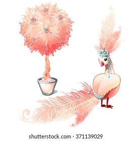 Pink bonsai and pink bird. Vector.