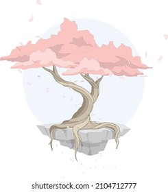 Pink bonsai on top of floating rocks