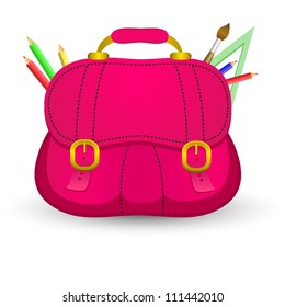 Pink Book Bag, Backpack, school bag on white background with pen, pencil, ruler, brush