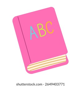 A pink book with the letters ABC on it. The book is colorful and has a playful design