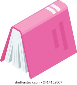 Pink book vector illustration placed diagonally. Simple flat design isolated on white, educational graphic.