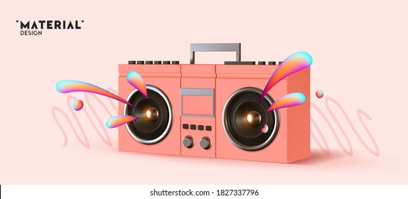 Buzón rosado, audio y música. Receptor de música moderno y elegante. Retro viejo objeto realista 3d. Cartel del partido, afiche, encabezado del sitio web. ilustración vectorial