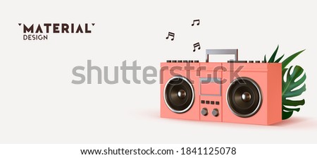 Pink Boombox, audio and music. Modern stylish music receiver. Retro old Realistic 3d object. Party banner, poster, header for website. vector illustration