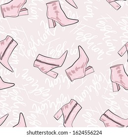 Pink boots seamless pattern. Hand-drawn style.