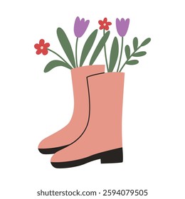 Pink boots with spring flowers isolated on white background. Concept of springtime and gardening