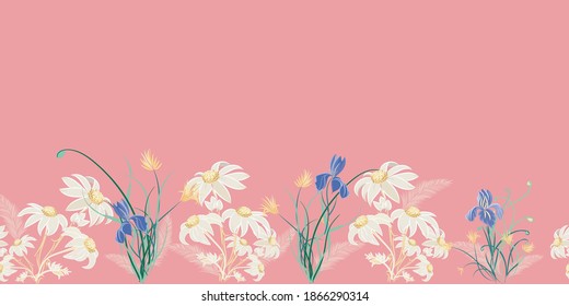 Flores de flanco de diseño de borde rosa y patrón de repetición de iris