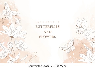 pink botanical background with flowers and butterflies arranged at the corners watercolor vector