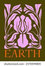 Pink botanical elements form a symmetrical, decorative pattern on an earthy olive background with EARTH in bold orange lettering. Nature-themed concept. Vector illustration