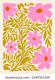 Flor botánica rosa enmarcada impresión de arte dibujado a mano hojas Formas estilo matisse, arte naif, fondo contemporáneo. Ilustración vectorial de manzanilla, flores de lirio