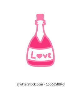 Pink bottle of champagne with the inscription Love. Isolated sticker on holiday.Vector cartoon illustration. Valentine day children drink.Cute girly coktail.Print on t shirt, cup, postcard,invitation.