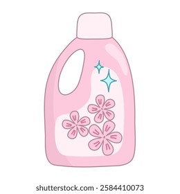 Pink bottle with cleaning or washing detergent, decorated with flowers, vector