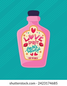 Pink bottle with hand lettering love spirit. Cute Valentine festive holiday illustration. Bright colorful pink and blue vector design.