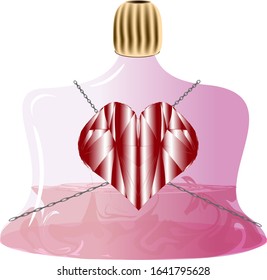 pink bottle with pink liquid and braided with red heart chains