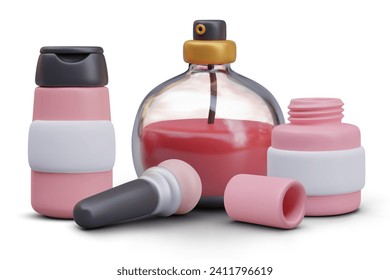 Pink bottle with lotion, brush for eyeshadow, open small bottle with liquid and glass perfume. Composition with personal cosmetics. Vector illustration in 3d style