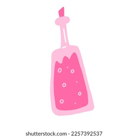 Pink bottle of magic elixir or potion, cartoon flat vector illustration isolated on white background. Traditional Halloween witchy element. Concepts of alchemy and witchcraft.